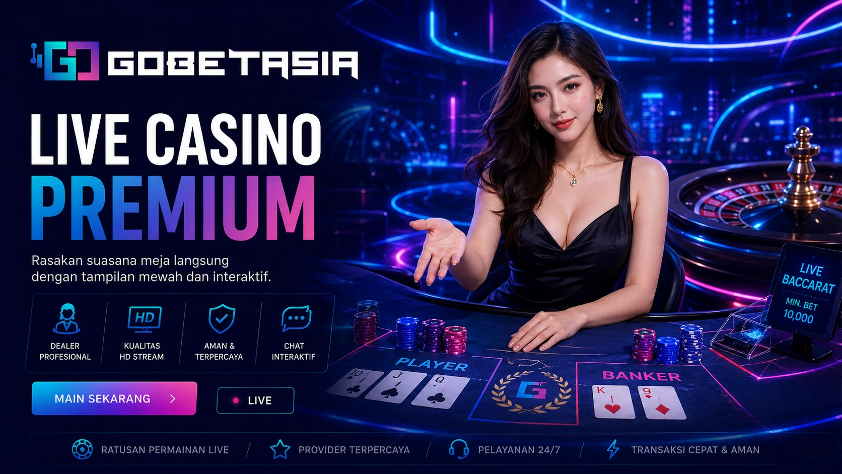 Banner Live Casino GOBETASIA dengan meja permainan dan dealer