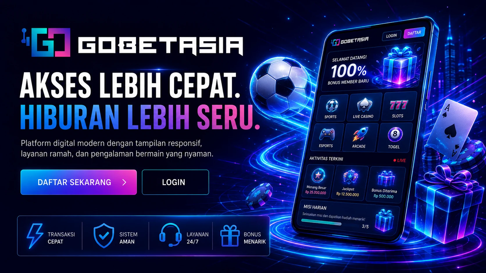 Banner utama GOBETASIA dengan tema biru neon dan antarmuka digital