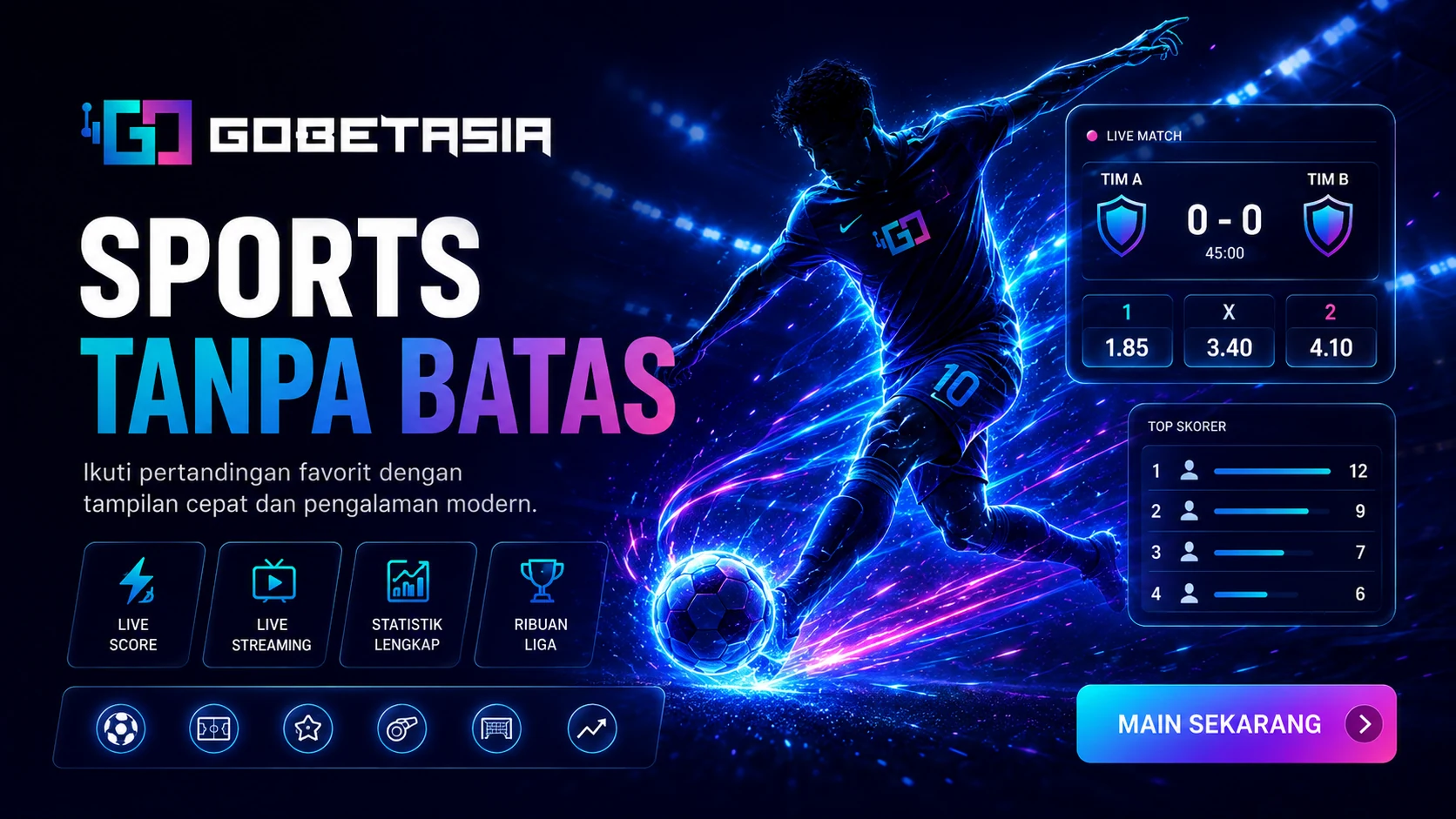 Banner Sports GOBETASIA dengan pemain sepak bola dan skor pertandingan generik