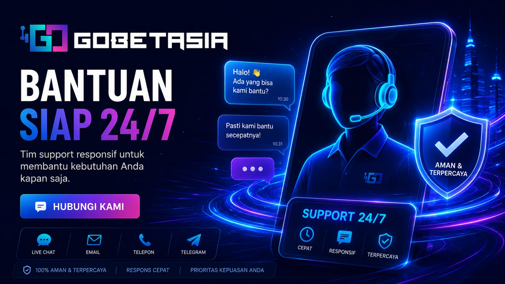 Banner Pusat Bantuan GOBETASIA dengan layanan dukungan 24 jam
